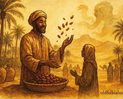 An illustration of merchant sharing dates in Draa Valley as djinn fades, Moroccan folktale scene.