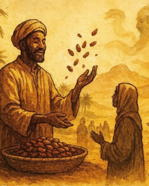 An illustration of merchant sharing dates in Draa Valley as djinn fades, Moroccan folktale scene.
