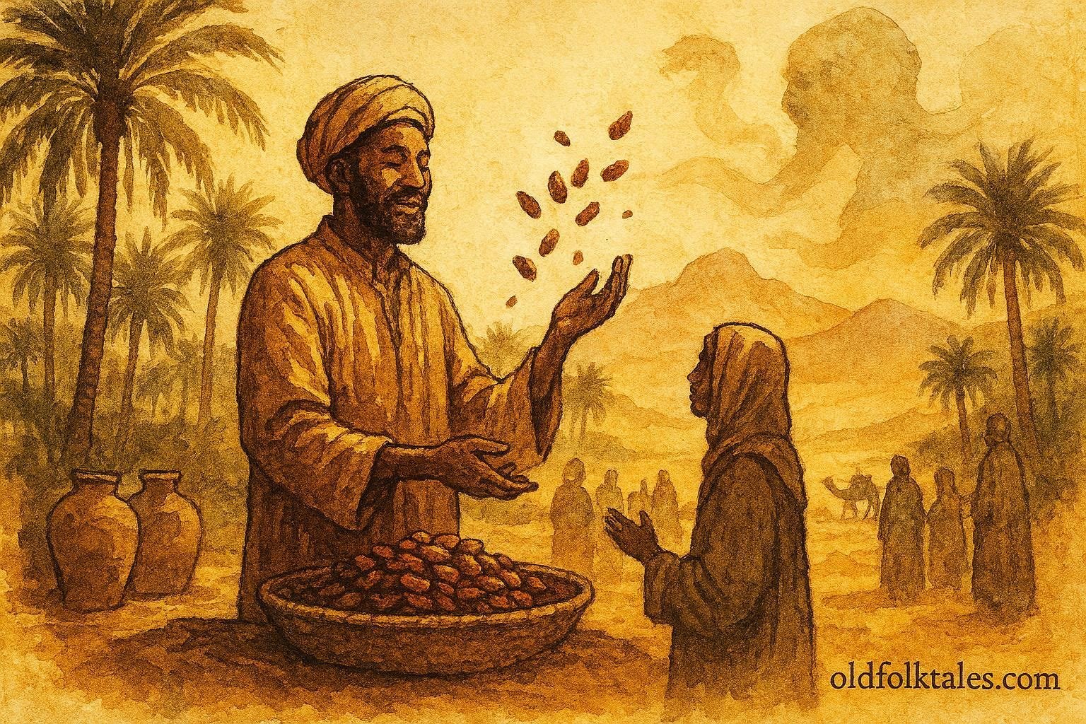 An illustration of merchant sharing dates in Draa Valley as djinn fades, Moroccan folktale scene.