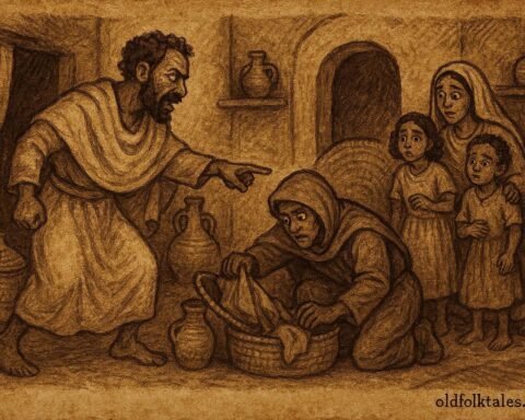 Guest secretly searching a home at night while being confronted, Eritrean folktale scene