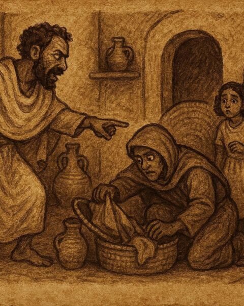 Guest secretly searching a home at night while being confronted, Eritrean folktale scene