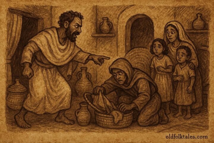 Guest secretly searching a home at night while being confronted, Eritrean folktale scene