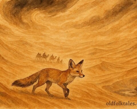 An illustration of fox guiding caravan through Sahara sandstorm in Libyan desert.