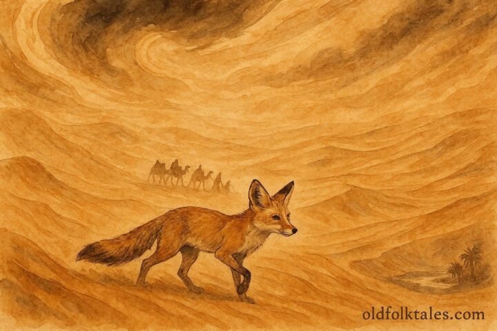 An illustration of fox guiding caravan through Sahara sandstorm in Libyan desert.