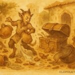 illustration of a Fon servant causing chaos after opening a forbidden chest, Benin folktale scene