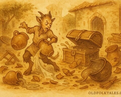 illustration of a Fon servant causing chaos after opening a forbidden chest, Benin folktale scene