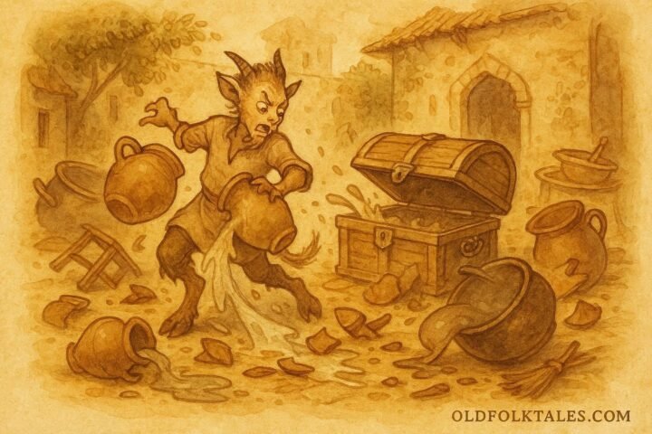 illustration of a Fon servant causing chaos after opening a forbidden chest, Benin folktale scene