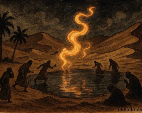An illustration of djinn lights around Lake Gaberoun guiding lost Sahara travelers.