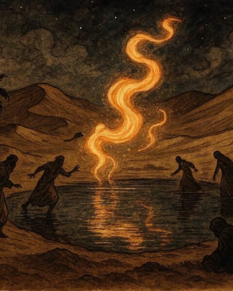 An illustration of djinn lights around Lake Gaberoun guiding lost Sahara travelers.