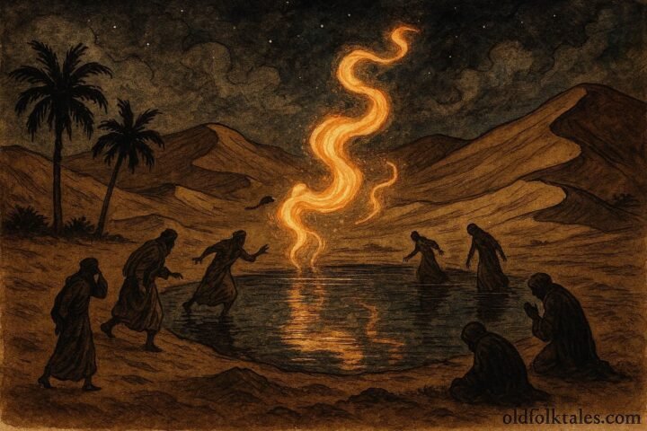An illustration of djinn lights around Lake Gaberoun guiding lost Sahara travelers.