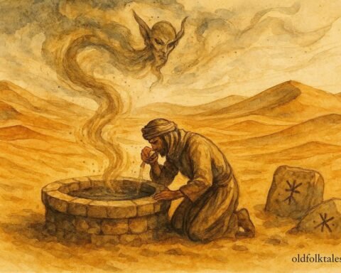 An illustration of traveler encountering djinn at sacred Sahara well in desert landscape.
