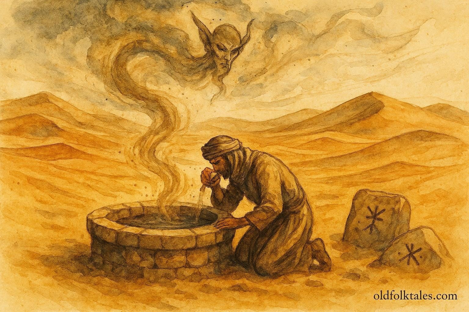 An illustration of traveler encountering djinn at sacred Sahara well in desert landscape.