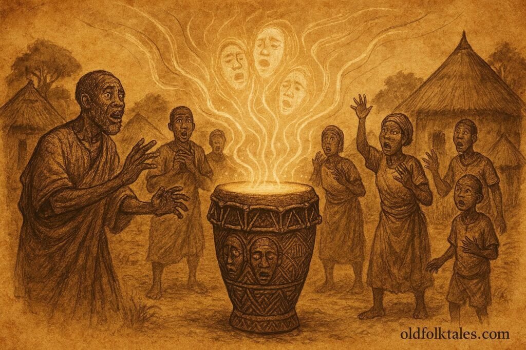 An illustration of sacred truth drum revealing village secrets in Gabon.