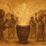 An illustration of sacred truth drum revealing village secrets in Gabon.