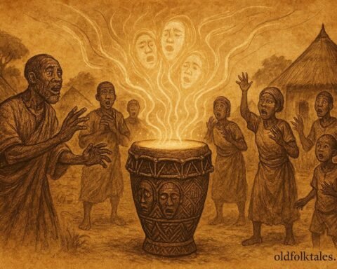 An illustration of sacred truth drum revealing village secrets in Gabon.