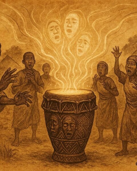 An illustration of sacred truth drum revealing village secrets in Gabon.