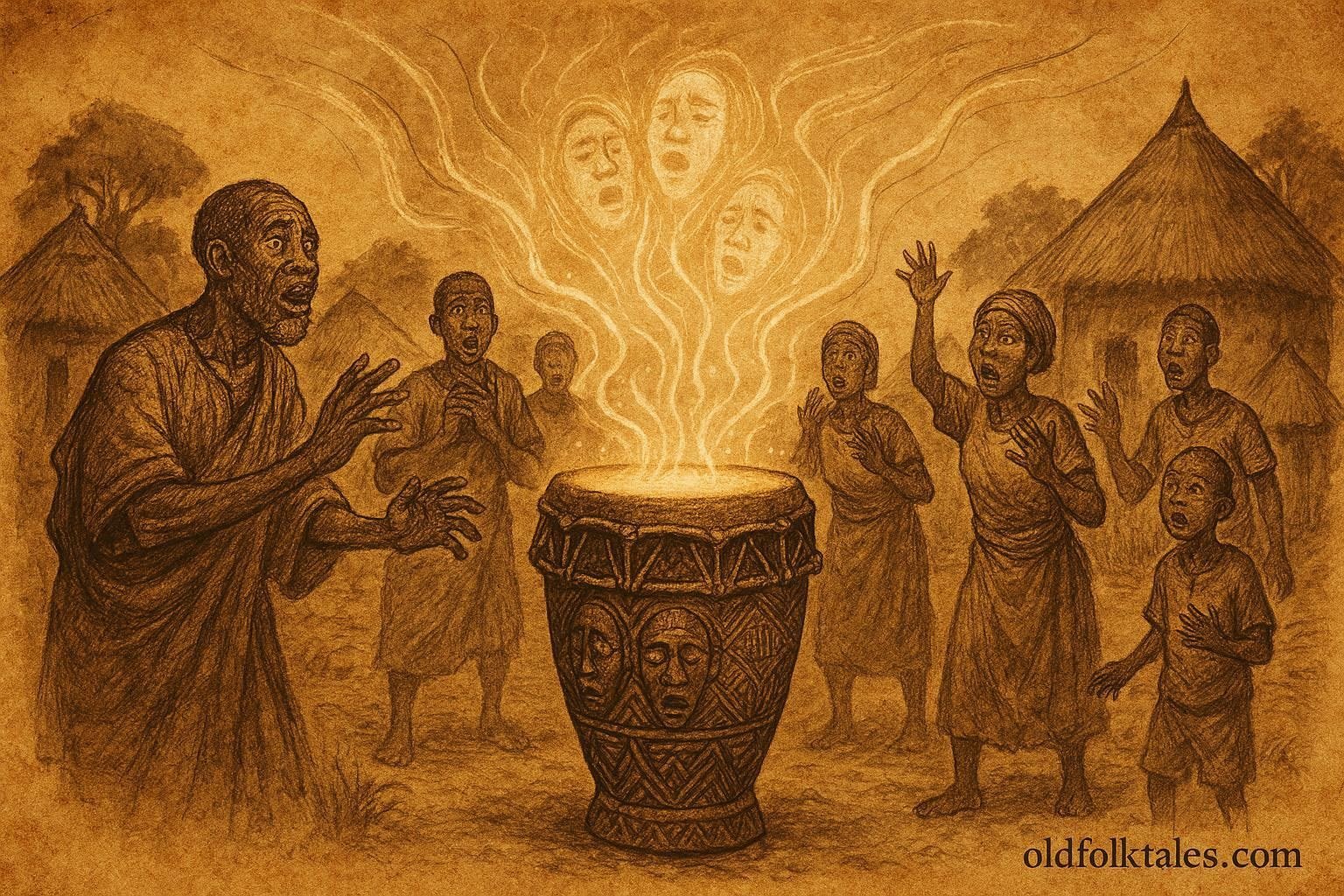 An illustration of sacred truth drum revealing village secrets in Gabon.