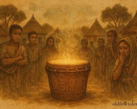 a magical drum revealing truth among villagers, Malagasy folktale scene.