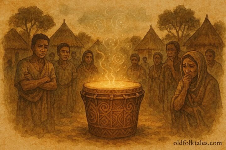 a magical drum revealing truth among villagers, Malagasy folktale scene.