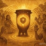 An illustration of sacred Ingoma drum revealing truth in Burundian village justice scene.