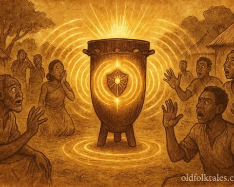 An illustration of sacred Ingoma drum revealing truth in Burundian village justice scene.