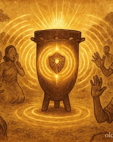 An illustration of sacred Ingoma drum revealing truth in Burundian village justice scene.