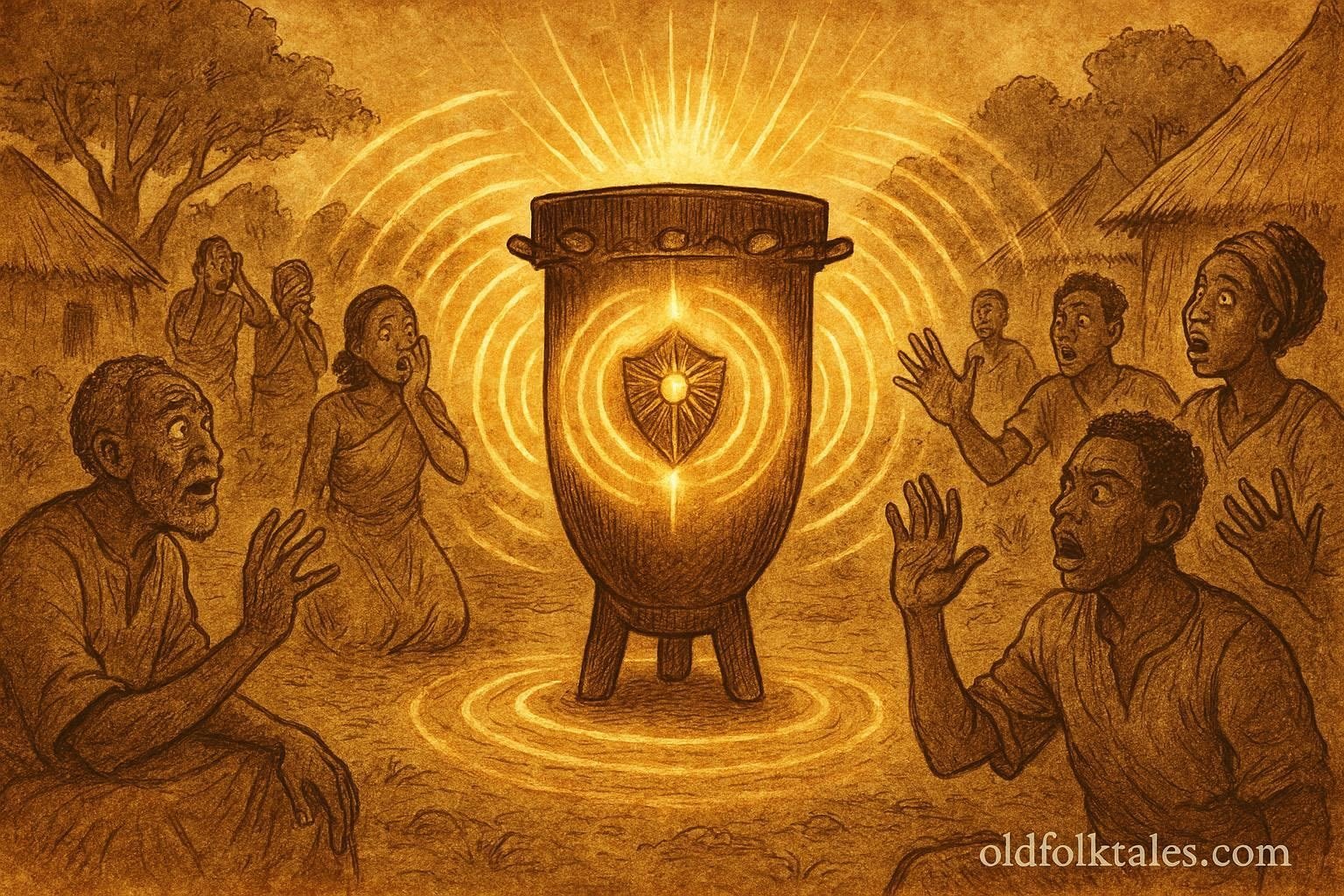 An illustration of sacred Ingoma drum revealing truth in Burundian village justice scene.