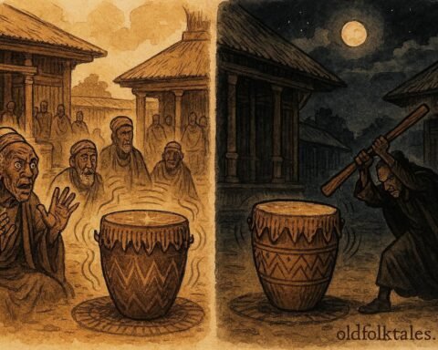 An illustration of sacred Buganda drum revealing truth in royal court.