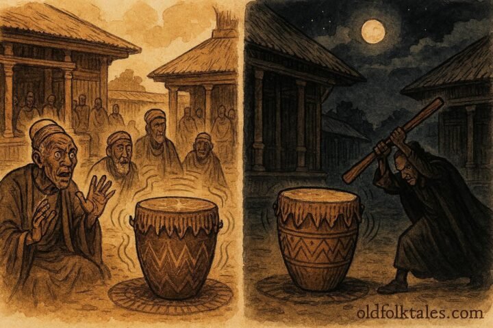 An illustration of sacred Buganda drum revealing truth in royal court.