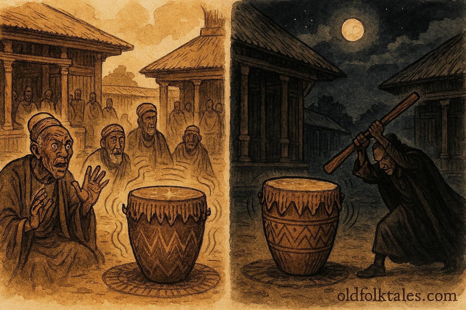 An illustration of sacred Buganda drum revealing truth in royal court.