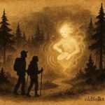 An illustration of glowing spirit drummer in Silhouette Island forest guiding night hikers with mystical drum sound.