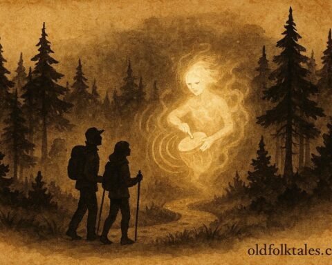 An illustration of glowing spirit drummer in Silhouette Island forest guiding night hikers with mystical drum sound.