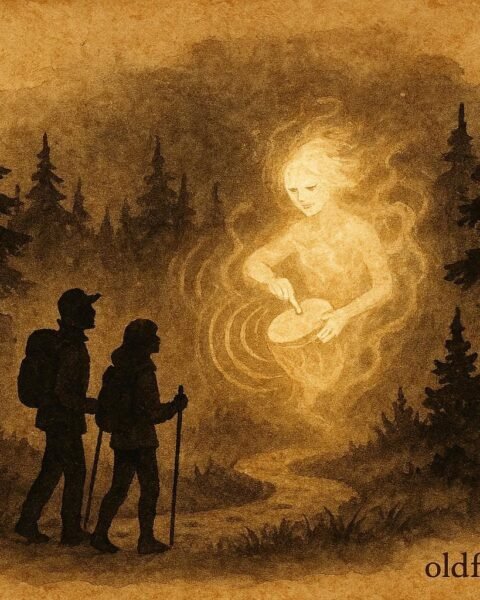 An illustration of glowing spirit drummer in Silhouette Island forest guiding night hikers with mystical drum sound.