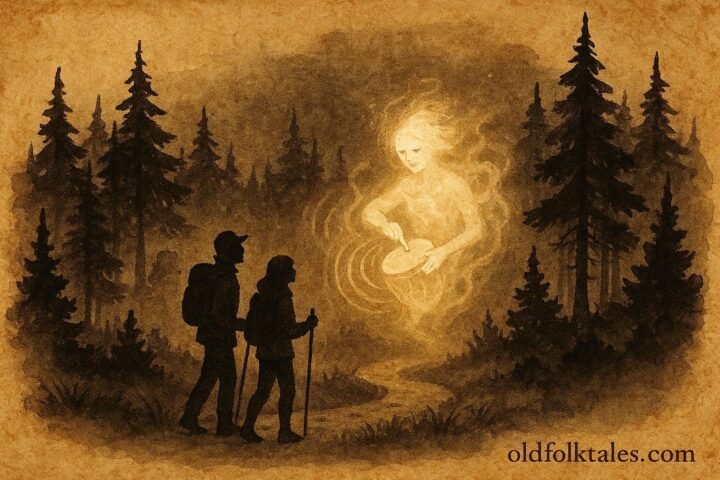 An illustration of glowing spirit drummer in Silhouette Island forest guiding night hikers with mystical drum sound.