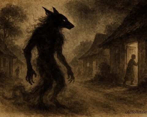 A shadowy shapeshifter on night road, Mauritian Creole loup-garou folklore scene.