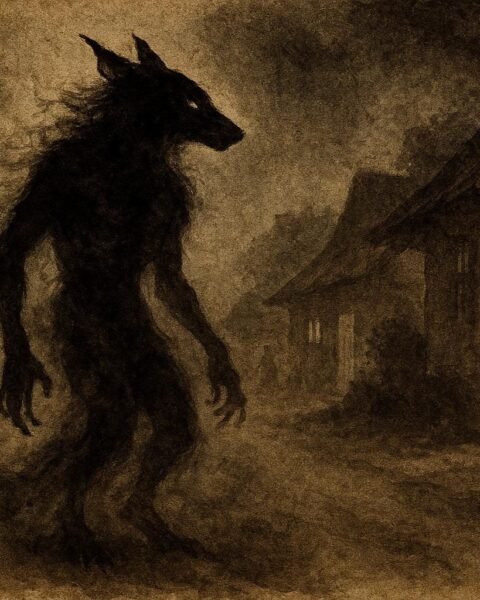 A shadowy shapeshifter on night road, Mauritian Creole loup-garou folklore scene.
