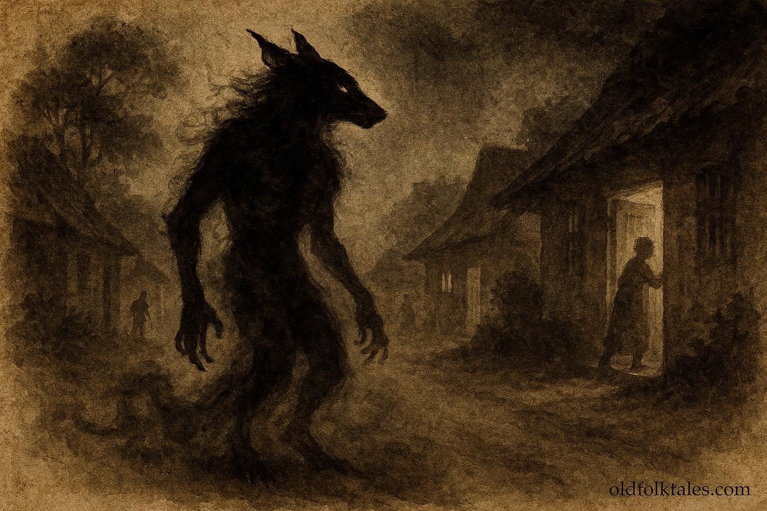 A shadowy shapeshifter on night road, Mauritian Creole loup-garou folklore scene.
