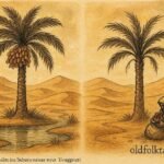 An illustration of magical palm tree in Algerian oasis responding to kindness and greed.