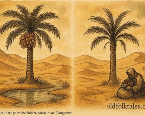 An illustration of magical palm tree in Algerian oasis responding to kindness and greed.