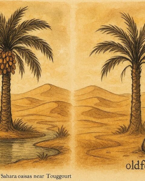 An illustration of magical palm tree in Algerian oasis responding to kindness and greed.
