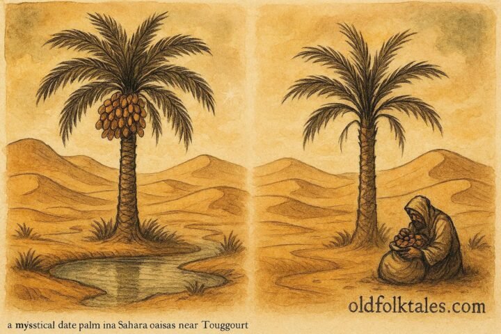 An illustration of magical palm tree in Algerian oasis responding to kindness and greed.