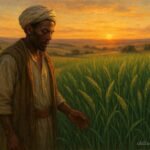 An Ethiopian farmer harvesting early as grain whispers warning in field.