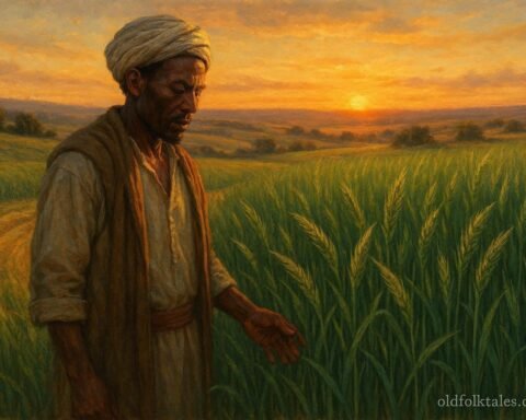 An Ethiopian farmer harvesting early as grain whispers warning in field.