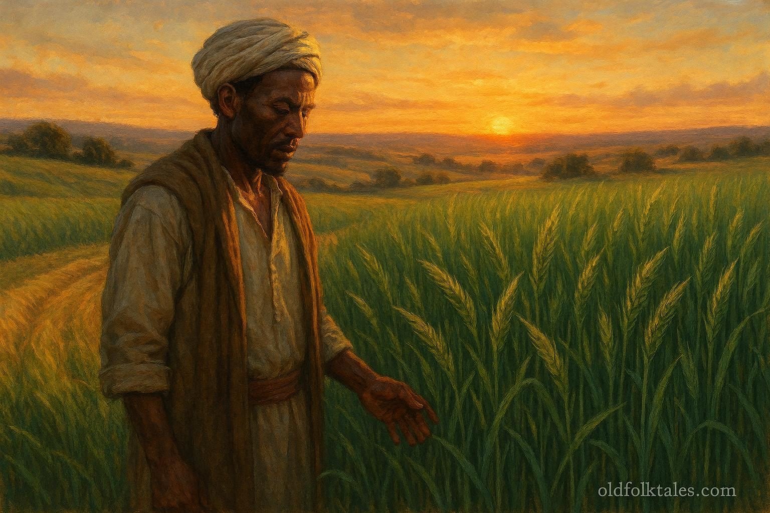 An Ethiopian farmer harvesting early as grain whispers warning in field.