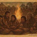 A village feast where people share food while some secretly take more, African folklore scene