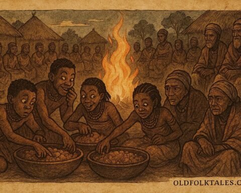A village feast where people share food while some secretly take more, African folklore scene