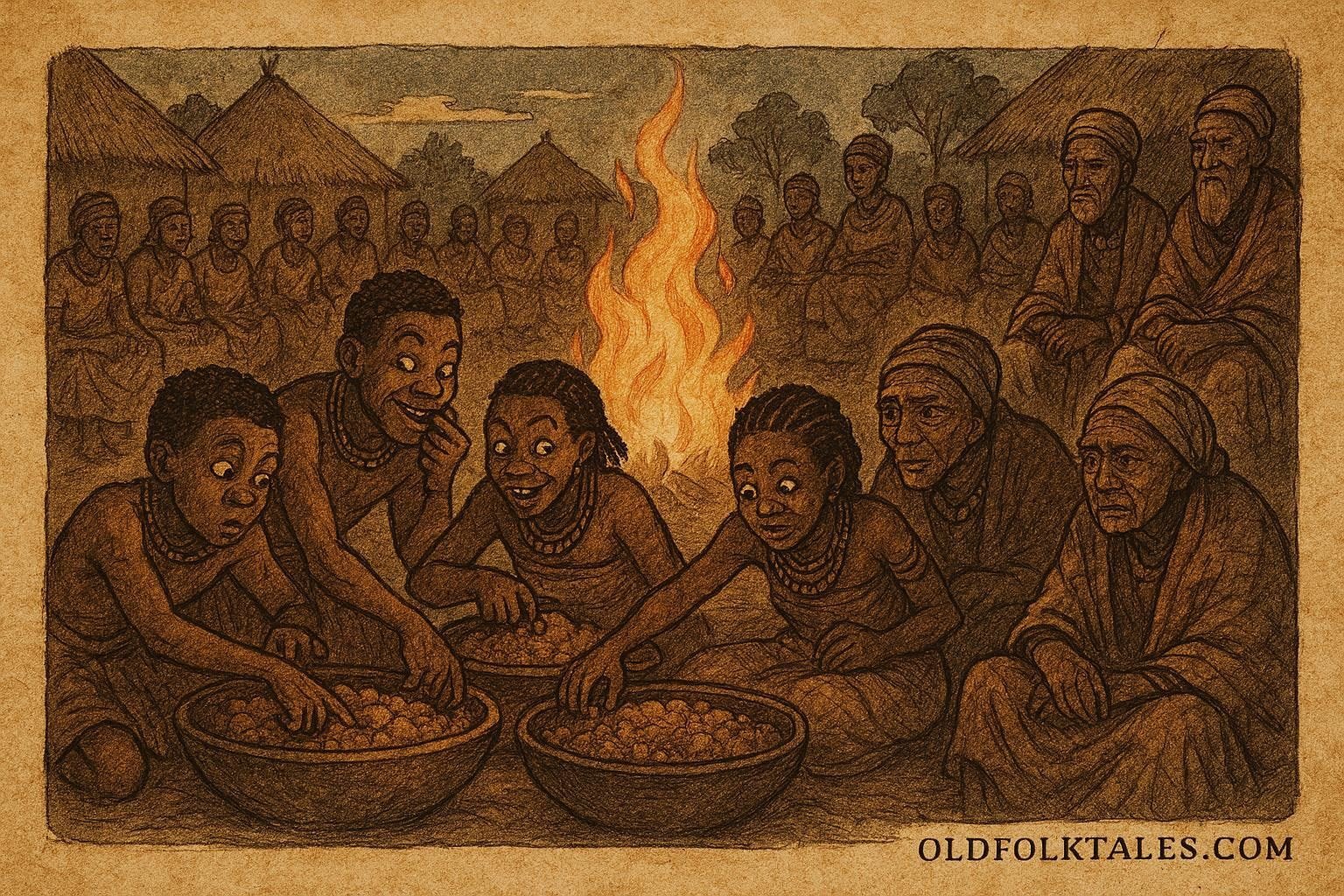 A village feast where people share food while some secretly take more, African folklore scene