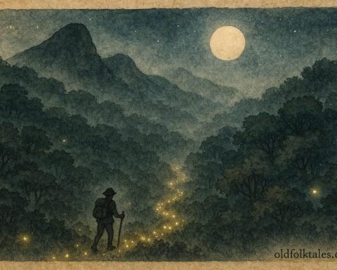 An illustration of glowing fireflies guiding traveler through misty Mahé hills in Seychelles at night.