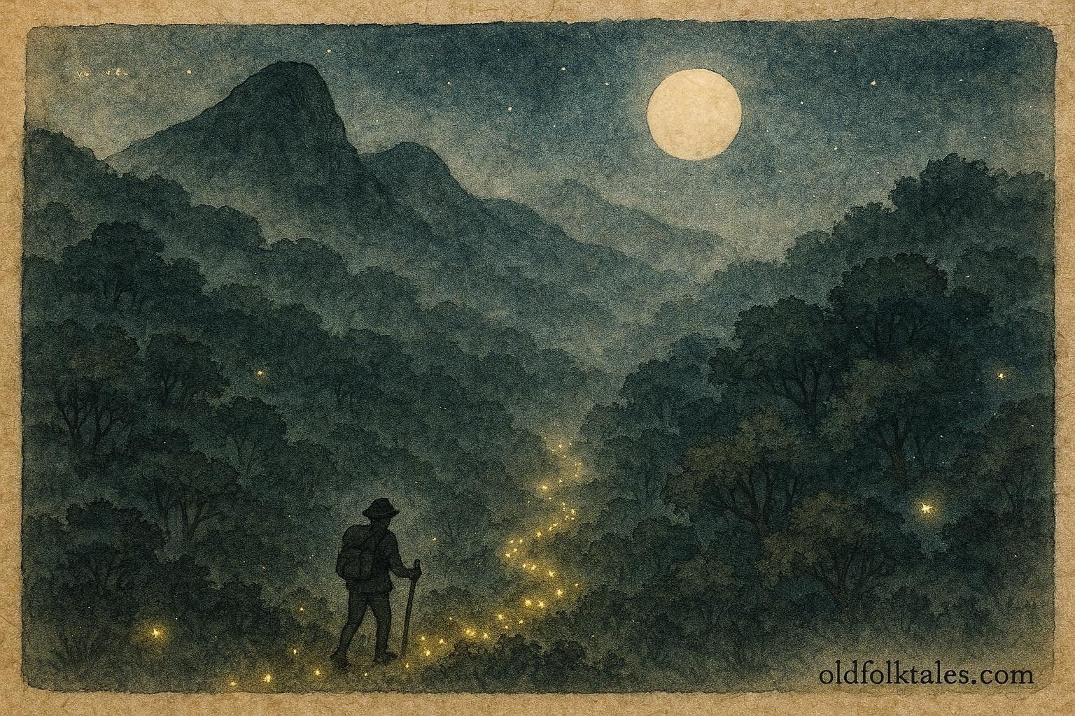 An illustration of glowing fireflies guiding traveler through misty Mahé hills in Seychelles at night.