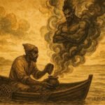 An illustration of fisherman releasing sea djinn from vessel, Libyan coastal folktale.